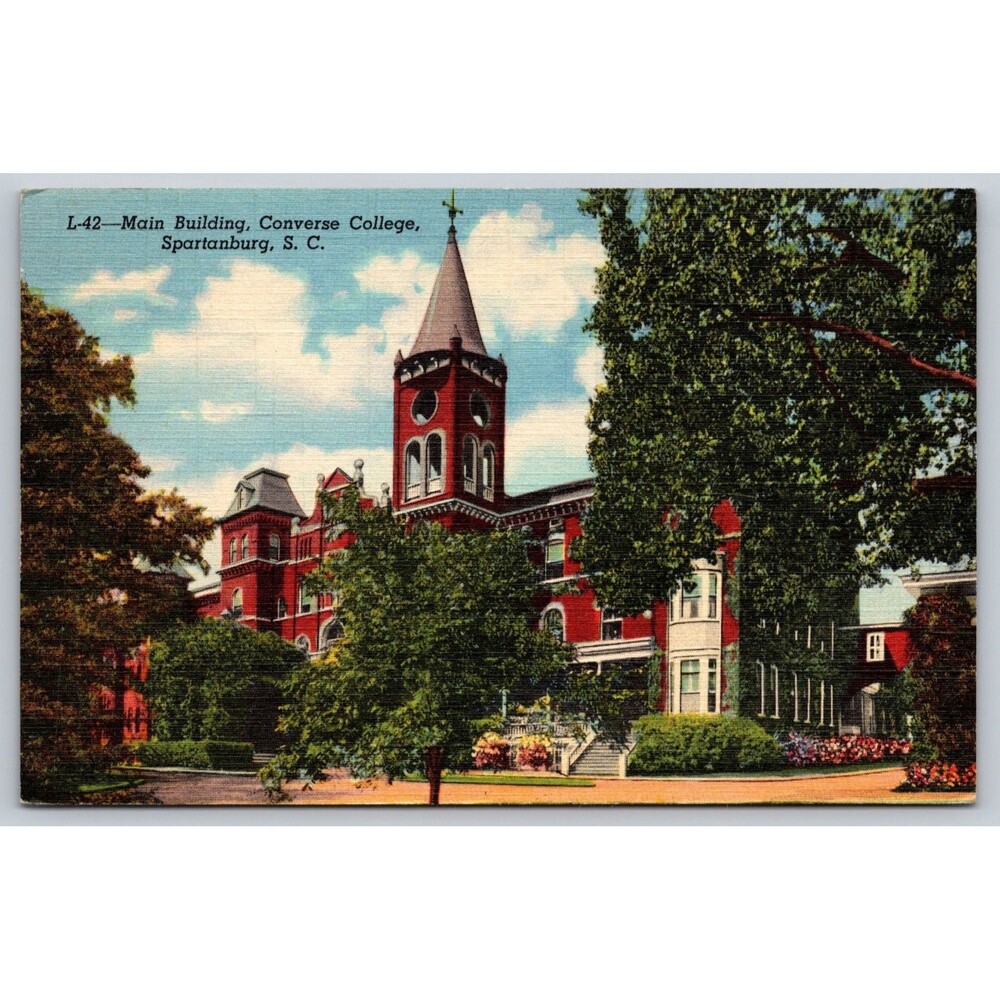 Vintage 1945 Linen Postcard Converse College Main Building Spartanburg SC